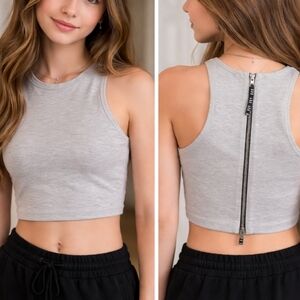 Stylish Gray Sleeveless Crop Top with Zipper
